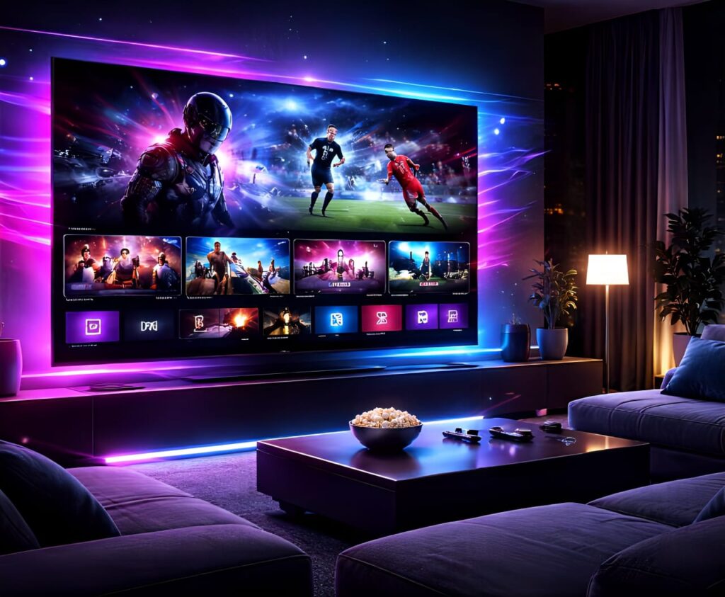 Modern living room with vibrant TV display
